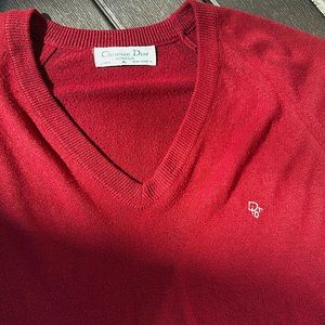 CHRISTIAN DIOR VINTAGE 90s BURGUNDY PULLOVER ORLON ACRYLIC V-NECK SWEATER